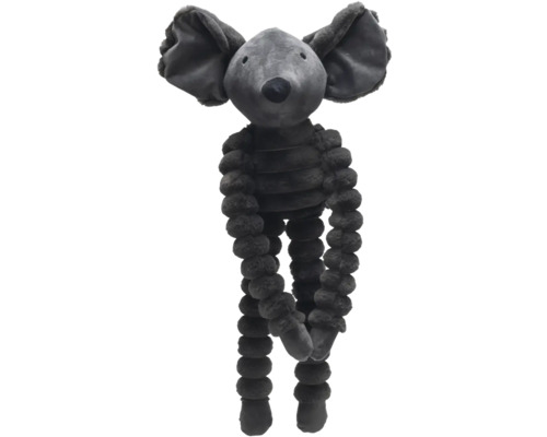 Éléphant en peluche gris avec de longs membres noués comme jouet pour chiens.