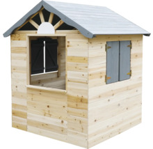 Spielhaus aus Holz mit Dach und Fensterläden
