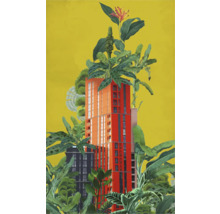 Illustration d'un immeuble de grande hauteur entouré de plantes