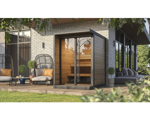 Moderne Außensauna aus Holz mit Glasfront und Innenbänken auf einer Holzterrasse mit Gartenmöbeln vor einer Ziegelwand.