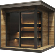 Moderne Außensauna aus Holz mit großer Glasfront, Flachdach und integrierter Innenbeleuchtung auf den Holzbänken.