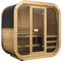 Fasssauna aus Holz mit Glasfront, schwarzen Dachschindeln und hölzernen Sitzbänken im Innenraum.