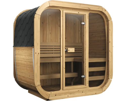 Moderne Außensauna aus Holz mit großer Glasfront und Schindeldach. Innenraum mit zweistufigen Holzbänken.