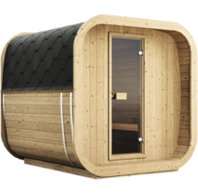 Fasssauna aus Holz mit schwarzem Schindeldach und Glastür.