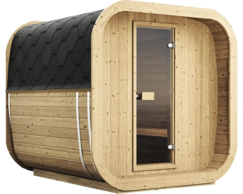 Fasssauna aus Holz mit schwarzem Schindeldach und Glastür.
