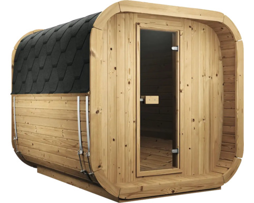 Fasssauna aus Holz für den Garten mit schwarzem Schindeldach und einer Glastür.