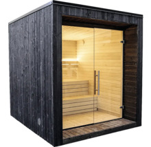 Sauna d'extérieur moderne avec revêtement en bois sombre, façade vitrée et intérieur en bois clair avec bancs en gradins.