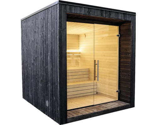 Sauna d'extérieur moderne avec revêtement en bois sombre, façade vitrée et intérieur en bois clair avec bancs en gradins.