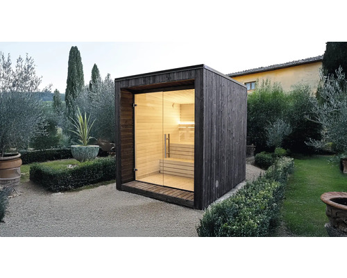 Sauna extérieur moderne en bois sombre avec façade vitrée et bancs en bois clair dans un jardin.