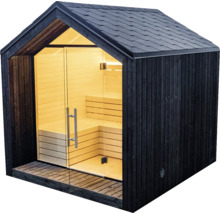 Sauna de jardin moderne avec revêtement en bois noir, façade vitrée et bancs intérieurs en bois clair.