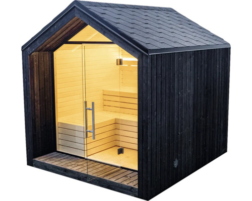 Sauna de jardin moderne avec revêtement en bois noir, façade vitrée et bancs intérieurs en bois clair.