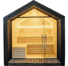 Sauna de jardin moderne avec toit à deux pans, façade en verre, bancs en bois à plusieurs niveaux et éclairage intégré.