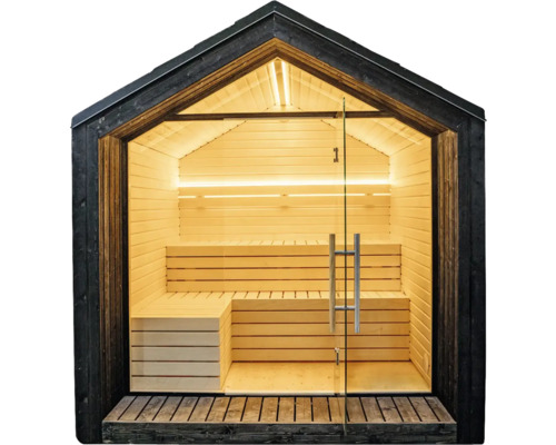 Sauna de jardin moderne avec toit à deux pans, façade en verre, bancs en bois à plusieurs niveaux et éclairage intégré.