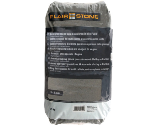 Sack mit Pflasterfugensand in Basaltgrau mit einer Korngröße von 0 bis 2 Millimeter und einem Gewicht von 25 Kilogramm
