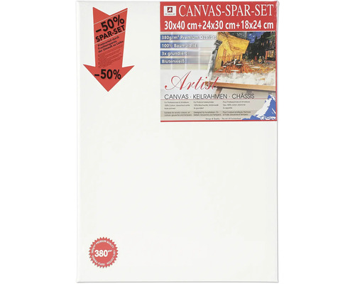 Leinwand Sparset mit drei Keilrahmen in den Größen 30x40 cm, 24x30 cm und 18x24 cm