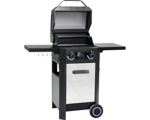 Gasgrill mit offenem Deckel, Seitenablagen und Unterschrank