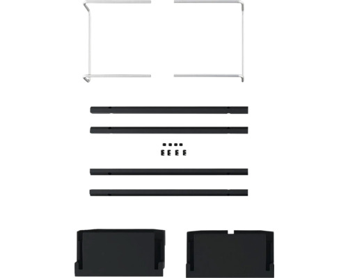 Einzelteile für ein Regal, inklusive Rahmen, Träger, Verbindungsstücke und Füße