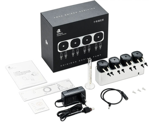 Système de fertilisation Chihiros système de dosage, 4 raccords commande via l’appli, pour le dosage automatique et précis de liquides comme des engrais, etc. Pompe doseuse Chihiros avec emballage, cylindre gradué, alimentation et accessoires