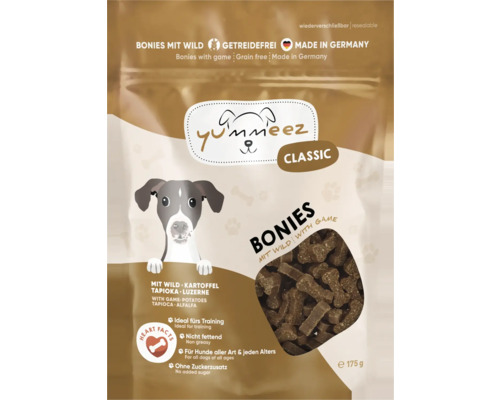 Friandise pour chiens yummeez gibier 175 g Hundeleckerli, friandise d'exercice, sans céréales, sans sucre Yummeez Classic Bonies avec gibier, aliment pour chiens sans céréales et refermable
