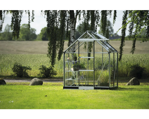 Gewächshaus mit Regalen im Garten