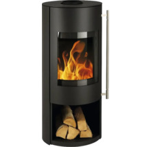 Poêle à bois avec compartiment à bois et feu de cheminée allumé