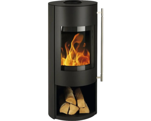 Poêle à bois avec compartiment à bois et feu de cheminée allumé