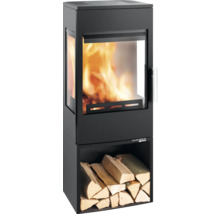 Poêle à bois avec compartiment à bûches et feu de bois