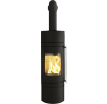 Poêle de cheminée avec fenêtre en verre et feu qui brûle