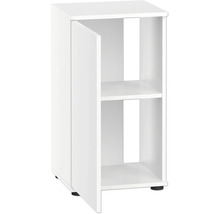 Meuble de salle de bains blanc avec une porte et des étagères ouvertes