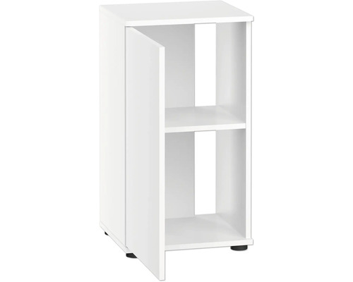 Meuble de salle de bains blanc avec une porte et des étagères ouvertes