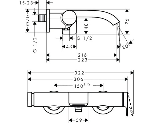 Maßzeichnung einer Armatur mit diversen Maßangaben