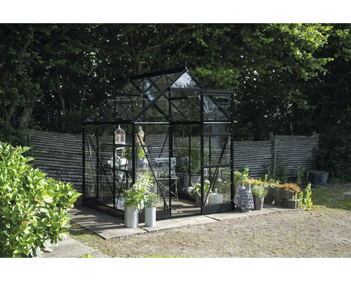 Gewächshaus aus Glas und Metall im Garten