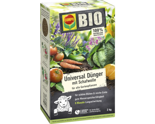 COMPO BIO Universaldünger mit Schafwolle, 2 Kilogramm, Verpackung