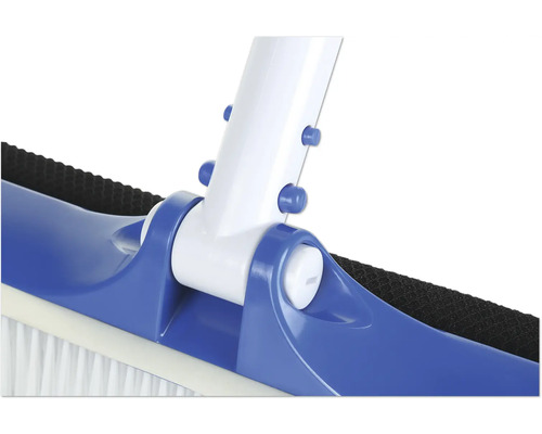 Vue détaillée d'une brosse de piscine avec boîtier bleu et poils blancs