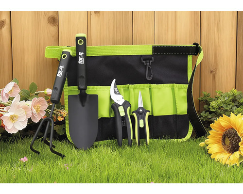 Gartengeräteset mit Tasche, bestehend aus einer Schaufel, einem Grubber, einer Gartenschere und einer Rosenschere.