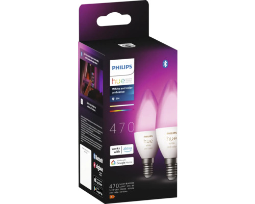 Paquet de deux ampoules Philips Hue E14 avec ambiance blanche et colorée