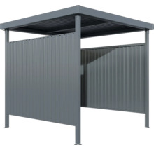 Abri métallique gris avec parois partiellement fermées.