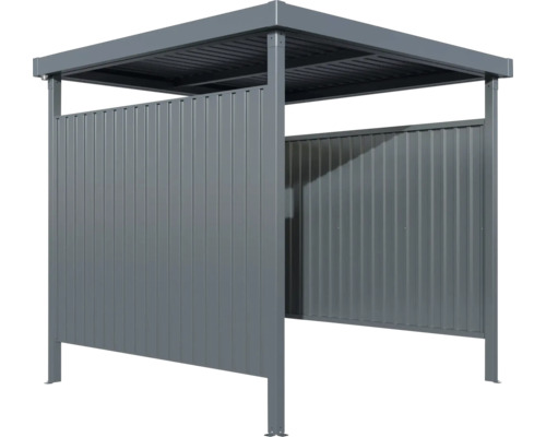 Abri métallique gris avec parois partiellement fermées.