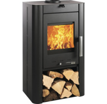 Poêle à bois avec compartiment à bois et feu brûlant