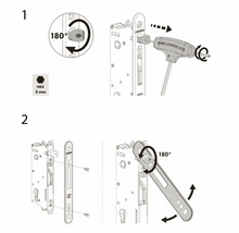 Instructions pour installer la serrure Locinox avec une clé hexagonale de 3 mm et une rotation de 180 degrés.