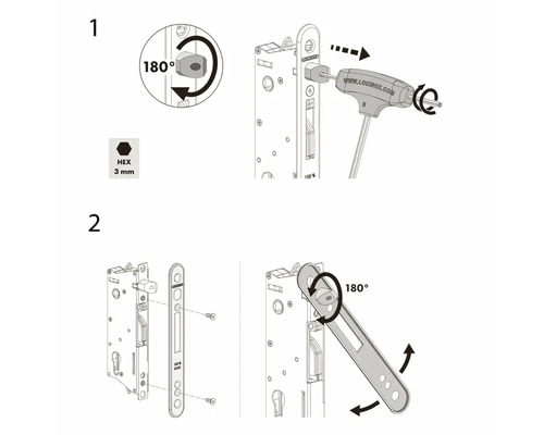 Instructions pour l'installation d'une serrure Locinox avec une clé Allen de 3 millimètres et une rotation de 180 degrés.