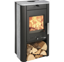 Poêle à bois avec compartiment à bois et flammes