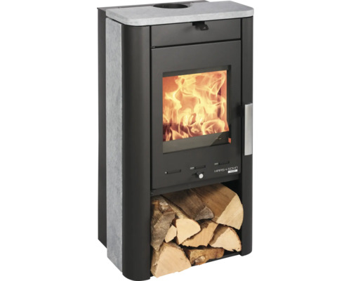 Poêle à bois avec compartiment à bois et flammes