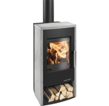 Poêle à bois avec compartiment à bois et feu de cheminée