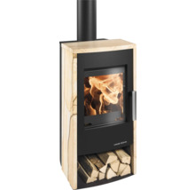 Poêle à bois avec compartiment à bois et feu dans le foyer