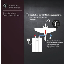 Installationsanleitung für Niederdruckarmatur mit drei Anschlussschläuchen und Drosselsatz für Kaltwasserzulauf.