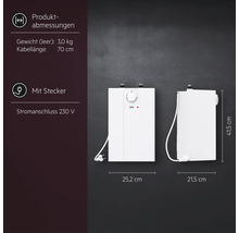 AEG Kleinspeicher mit Produktabmessungen, Gewicht, Kabellänge und Stecker