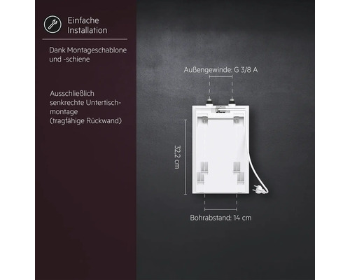 Weißer Warmwasserbereiter zur Untertischmontage mit den Maßen 32,2 cm Höhe und 14 cm Bohrabstand