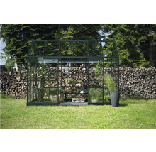 Serre avec plantes et accessoires de jardin dans le jardin