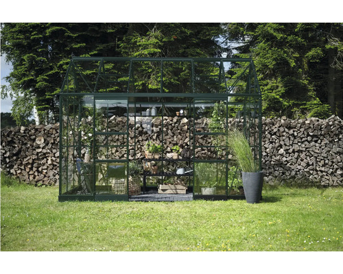 Serre avec plantes et accessoires de jardin dans le jardin